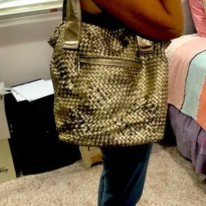 Elliot Lucca Metallic Woven Leather Bucket Bag